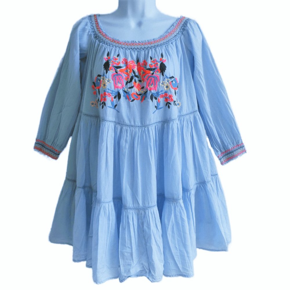 Free People Tunic Dress Tiered Mini Floral Embroidered Boho On or Off Shoulder S